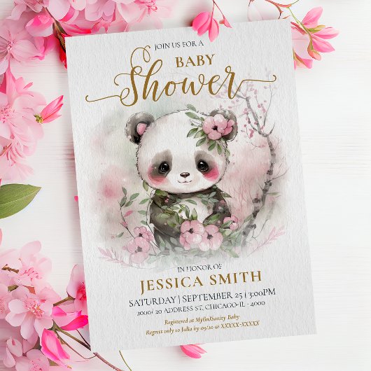 Whimsical Baby Panda & Cherry Blossom Babydusche Einladung