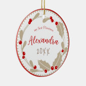 Whimsical Baby's First Christmas Foto | Rote Beige Keramik Ornament (Rechts)