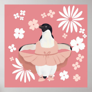 Whimsical Ballerina Pinguin mit rosa Blume Poster