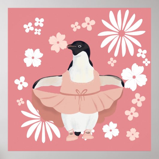 Whimsical Ballerina Pinguin mit rosa Blume Poster (Vorne)