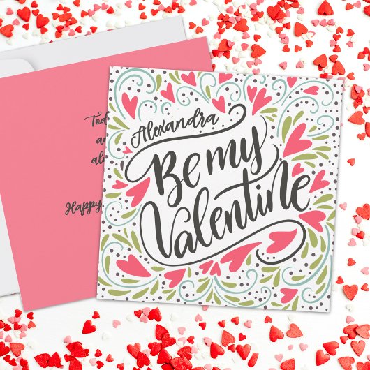 Whimsical Be My Valentine Custom Name Flat Karte