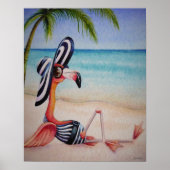 Whimsical Beach Babe Flamingo 1 Wasserfarbe 16x20 Poster (Vorne)