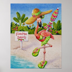 Whimsical Beach Babe Flamingo 2 Wasserfarbe 11x14 Poster