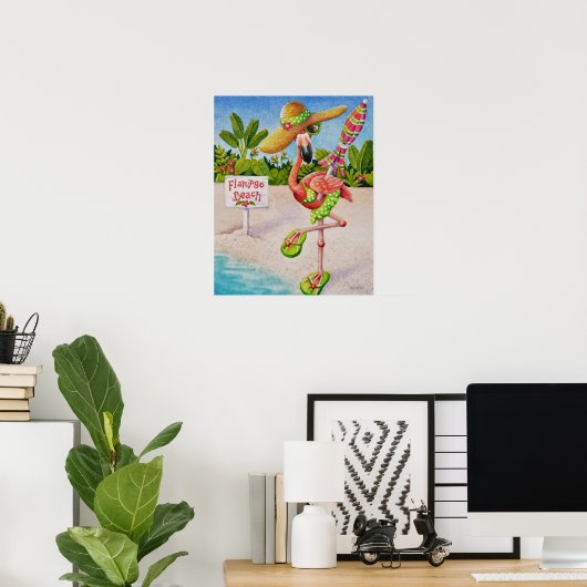 Whimsical Beach Babe Flamingo 2 Wasserfarbe 16x20 Poster (Heimbüro)
