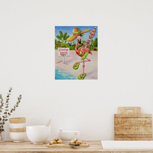 Whimsical Beach Babe Flamingo 2 Wasserfarbe 16x20 Poster (Küche)