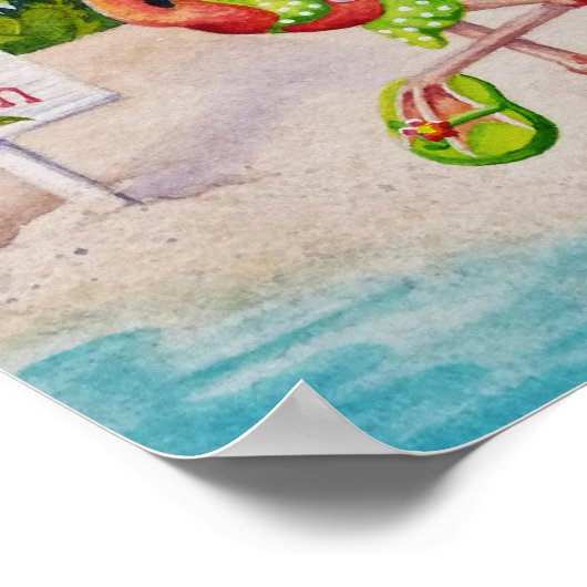 Whimsical Beach Babe Flamingo 2 Wasserfarbe 8x10 Poster (Ecke)