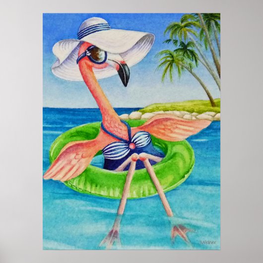 Whimsical Beach Babe Flamingo 3 Wasserfarbe 18x24 Poster (Vorne)