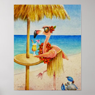 Whimsical Beach Babe Flamingo 4 Wasserfarbe 11x14 Poster