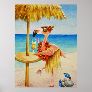 Whimsical Beach Babe Flamingo 4 Wasserfarbe 18x24 Poster
