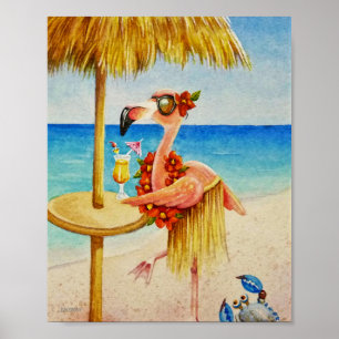 Whimsical Beach Babe Flamingo 4 Wasserfarbe 8x10 Poster