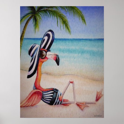 Whimsical Beach Babe Flamingo No. 1 Art 18x24 Poster (Vorne)