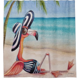 Whimsical Beach Babe Flamingo No. 1 Wasserfarbe Ku Duschvorhang