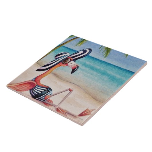 Whimsical Beach Babe Flamingo No. 1 Wasserfarbe Ku Fliese (Seite)