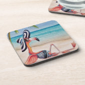 Whimsical Beach Babe Flamingo No. 1 Wasserfarbe Ku Getränkeuntersetzer (Linke Seite)