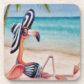 Whimsical Beach Babe Flamingo No. 1 Wasserfarbe Ku Getränkeuntersetzer (Vorderseite)