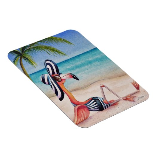Whimsical Beach Babe Flamingo No. 1 Wasserfarbe Ku Magnet (Rechte Seite)