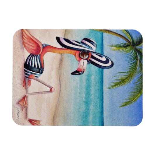 Whimsical Beach Babe Flamingo No. 1 Wasserfarbe Ku Magnet (Horizontal)