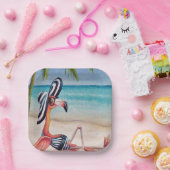 Whimsical Beach Babe Flamingo No. 1 Wasserfarbe Ku Pappteller (Party)