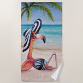Whimsical Beach Babe Flamingo No. 1 Wasserfarbe Ku Strandtuch (Vorderseite)
