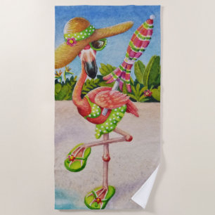 Whimsical Beach Babe Flamingo No. 2 Watercolor Art Strandtuch