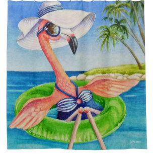 Whimsical Beach Babe Flamingo No. 3 Watercolor Art Duschvorhang