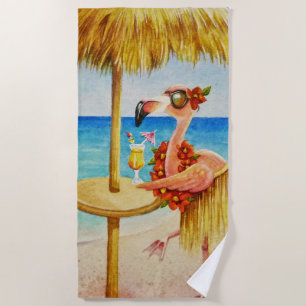 Whimsical Beach Babe Flamingo No. 4 Watercolor Art Strandtuch