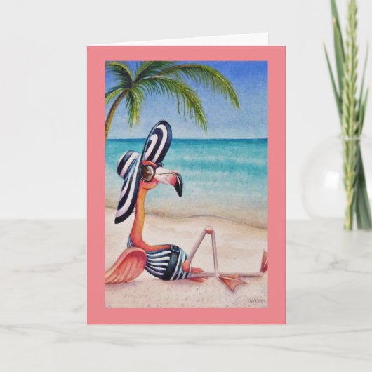 Whimsical Beach Babe Pink Flamingo No. 1 Art Karte (Vorderseite)