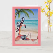 Whimsical Beach Babe Pink Flamingo No. 1 Art Karte (Gelbe Blume)