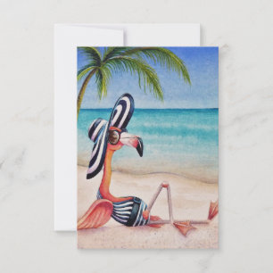 Whimsical Beach Babe Pink Flamingo Nr. 1 Dankeskarte
