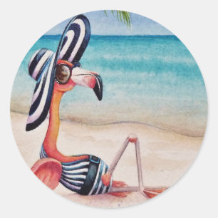 Whimsical Beach Babe Pink Flamingo Nr. 1 Runder Aufkleber