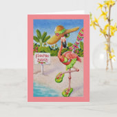 Whimsical Beach Babe Pink Flamingo Nr. 2 Art Karte (Gelbe Blume)