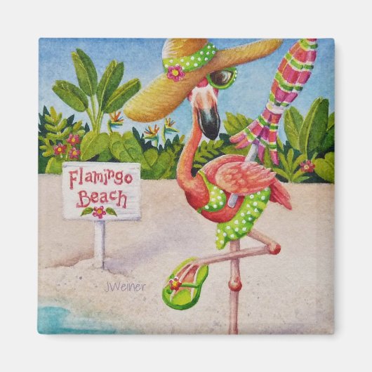 Whimsical Beach Babe Pink Flamingo Nr. 2 Magnet (Vorne)