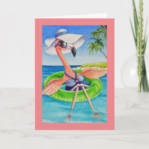 Whimsical Beach Babe Pink Flamingo Nr. 3 Art Karte