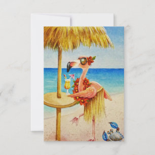 Whimsical Beach Babe Pink Flamingo Nr. 4 Dankeskarte