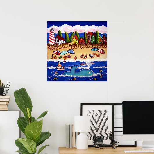 Whimsical Beach Cape Cod Whale Folk Art Poster (Heimbüro)
