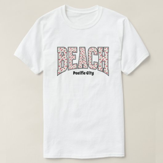 Whimsical BEACH Red Cherry Varsity Letters T-Shirt (Design vorne)