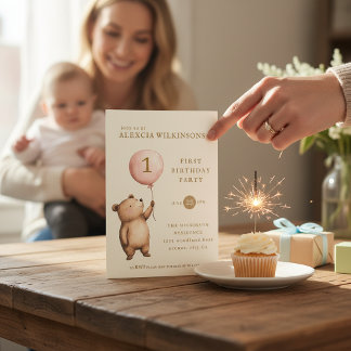 Whimsical Bear "One" Heart Balloon Birthday  Einladung