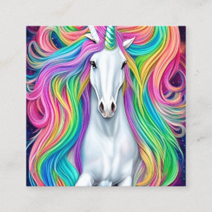 Whimsical Beautiful White Unicorn Pferd mit Flowi Quadratische Visitenkarte