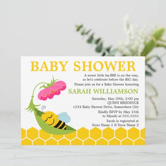 Whimsical Bee Baby Dusche Einladung (Stehend Vorderseite)