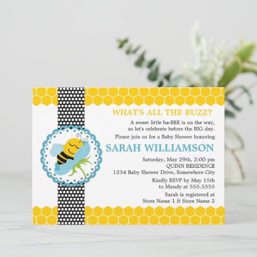 Whimsical Bee Baby Dusche Einladung (Stehend Vorderseite)
