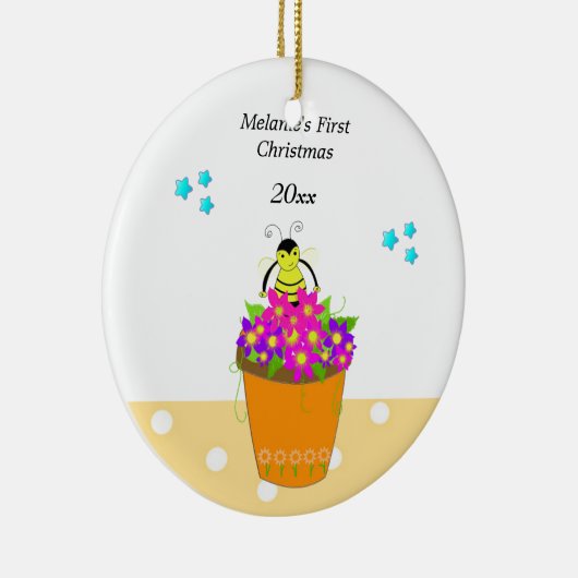 Whimsical Bee Blume Pot Baby's First Christmas Keramik Ornament (Rechts)