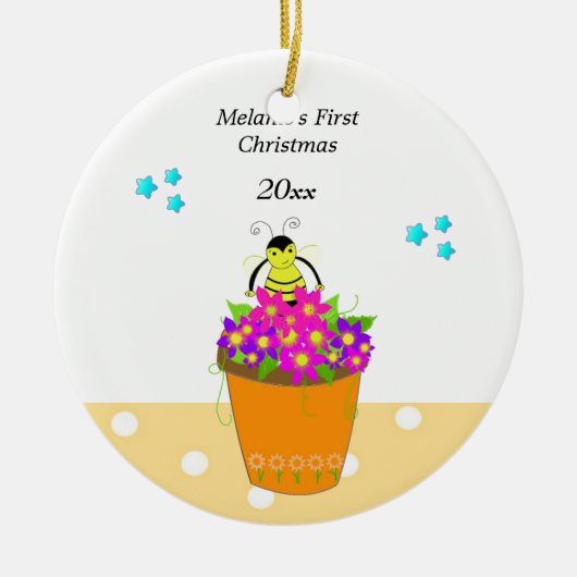Whimsical Bee Blume Pot Baby's First Christmas Keramik Ornament (Vorne)