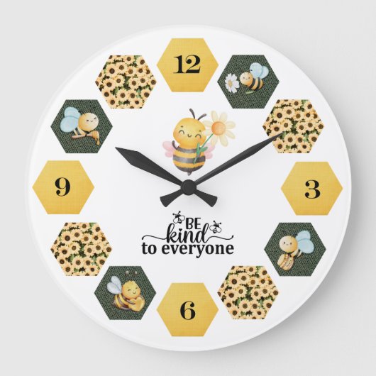 Whimsical Bee Sunflower and Honeycomb Große Wanduhr (Vorderseite)