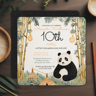 Whimsical Beige Bamboo und Panda Birthday Party Einladung