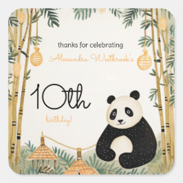 Whimsical Beige Bamboo und Panda Birthday Party Quadratischer Aufkleber