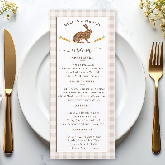 Whimsical Beige Woodland Hare Wedding Menu Card Menükarte