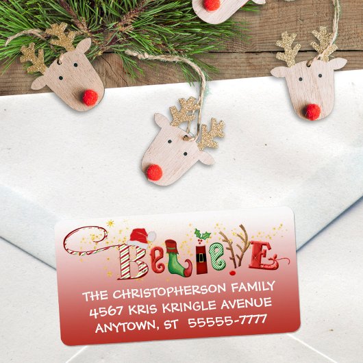 Whimsical BELIEVE, Red Ombre, Gold Sparkle Adressaufkleber