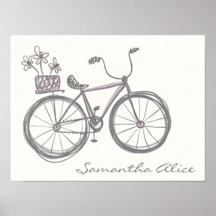 Whimsical Bicycle Illustration Lavender Graue Name Poster