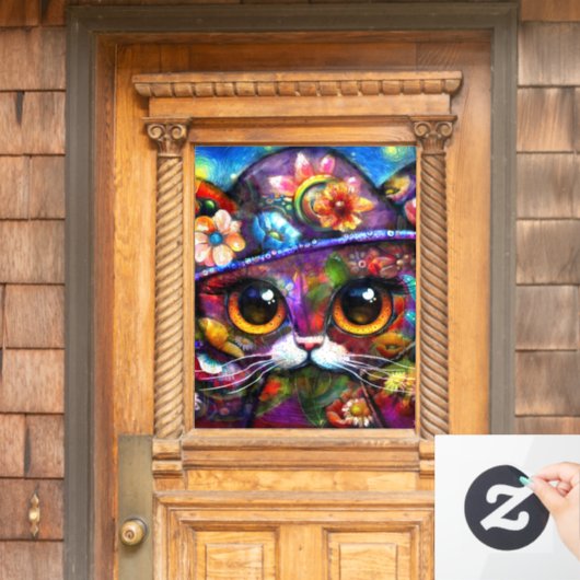 Whimsical Big-Eye Kat Kitty mit Hut Floral Fensteraufkleber (Haustür)