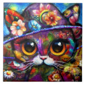 Whimsical Big-Eye Kat Kitty mit Hut Floral Fliese (Vorderseite)